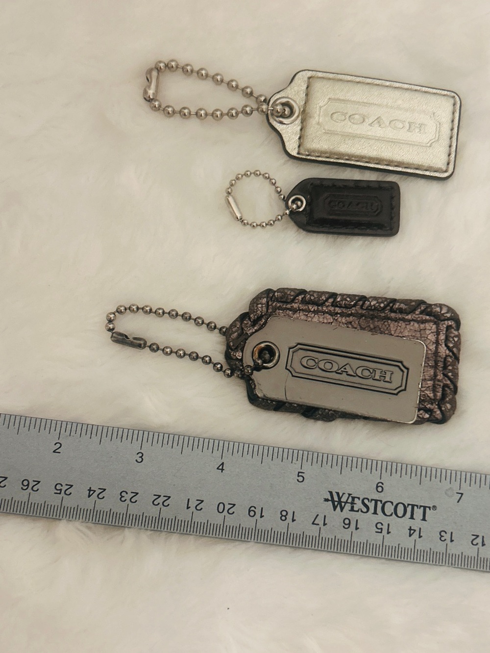 COACH Metallic Silver, Black Leather Bag Tags